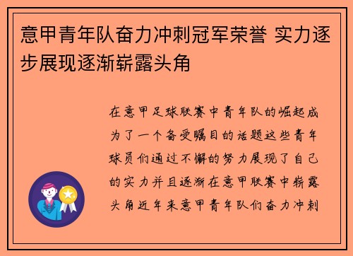 意甲青年队奋力冲刺冠军荣誉 实力逐步展现逐渐崭露头角