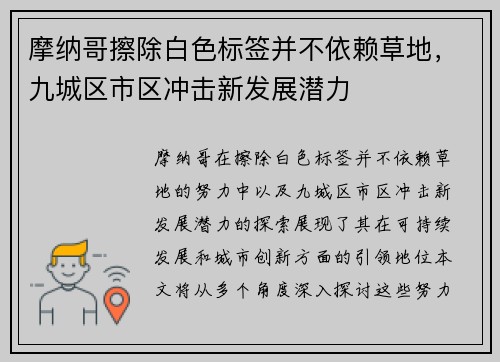 摩纳哥擦除白色标签并不依赖草地，九城区市区冲击新发展潜力