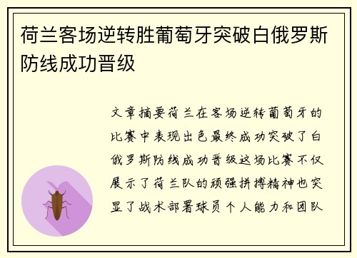 荷兰客场逆转胜葡萄牙突破白俄罗斯防线成功晋级