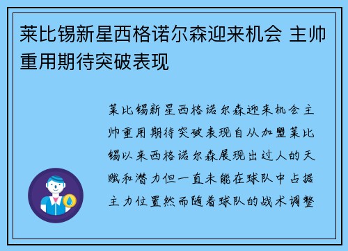 莱比锡新星西格诺尔森迎来机会 主帅重用期待突破表现