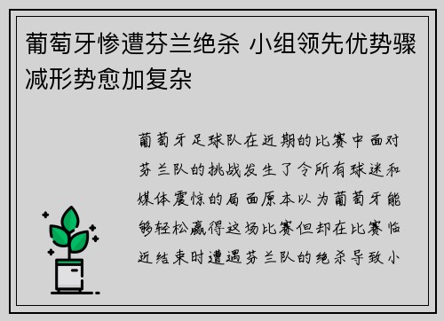 葡萄牙惨遭芬兰绝杀 小组领先优势骤减形势愈加复杂