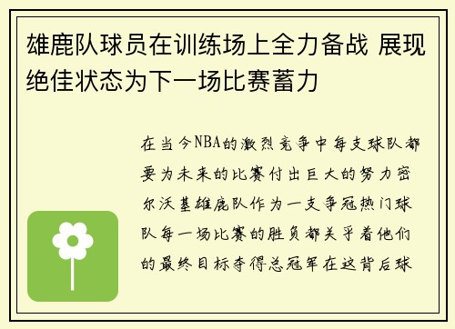 雄鹿队球员在训练场上全力备战 展现绝佳状态为下一场比赛蓄力